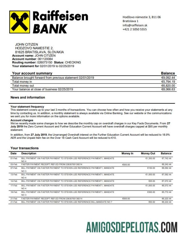 Exemplo de extrato bancário Raiffeisen da Eslováquia